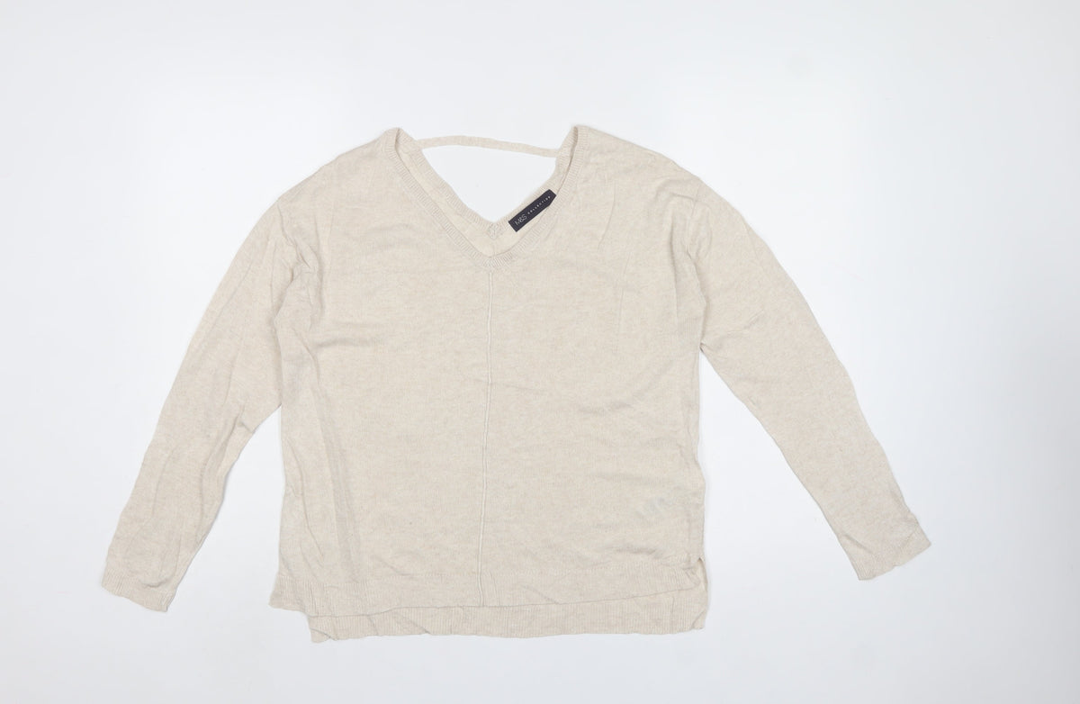 Marks and Spencer Women Beige Size 10 V-Neck Linen Blend Jumper