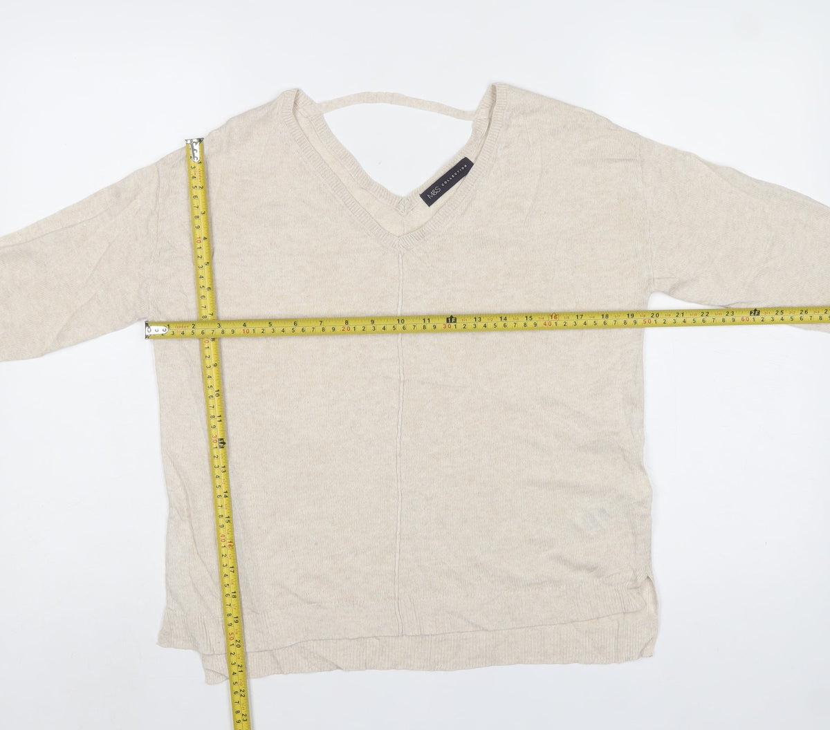 Marks and Spencer Women Beige Size 10 V-Neck Linen Blend Jumper