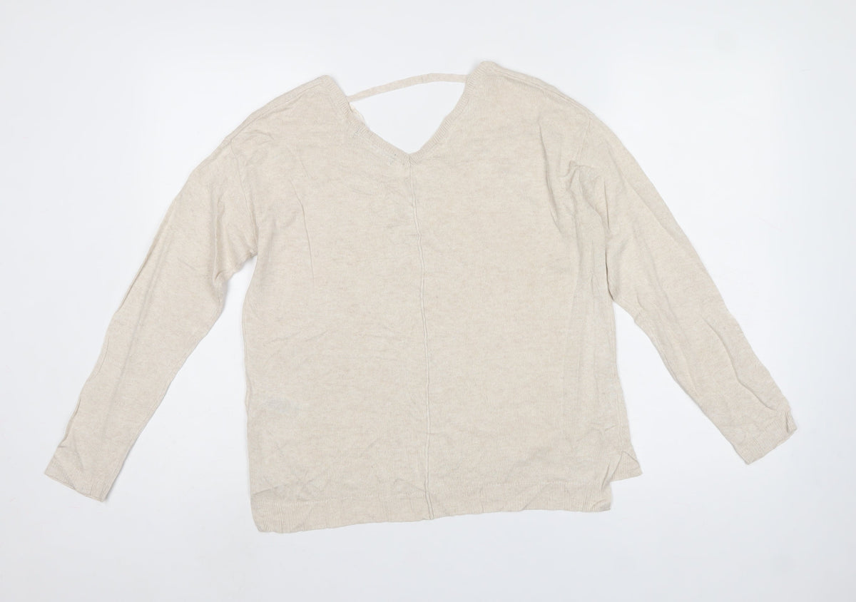 Marks and Spencer Women Beige Size 10 V-Neck Linen Blend Jumper
