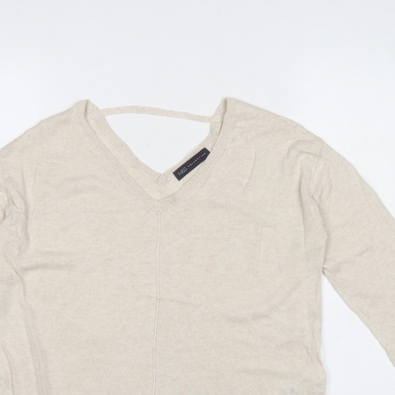 Marks and Spencer Women Beige Size 10 V-Neck Linen Blend Jumper