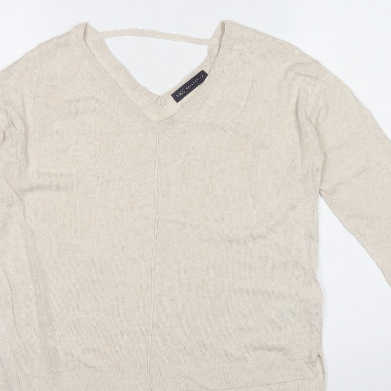 Marks and Spencer Women Beige Size 10 V-Neck Linen Blend Jumper