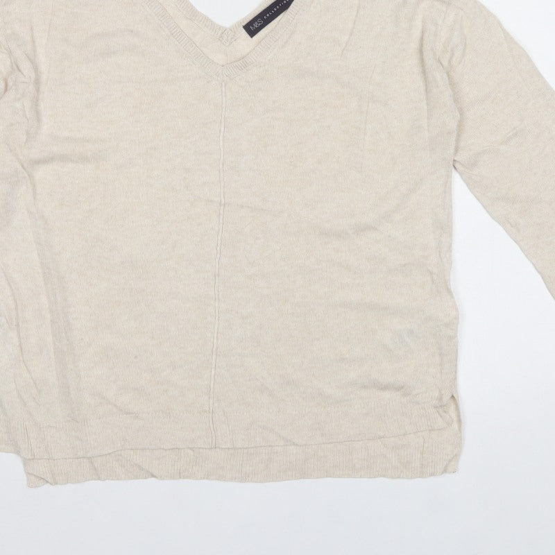 Marks and Spencer Women Beige Size 10 V-Neck Linen Blend Jumper
