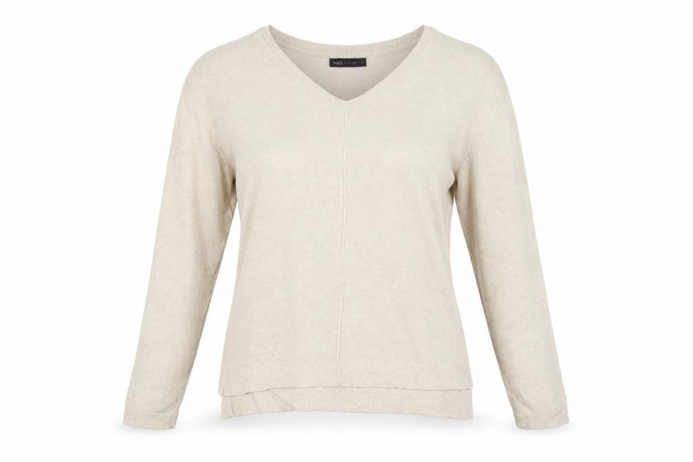 Marks and Spencer Women Beige Size 10 V-Neck Linen Blend Jumper