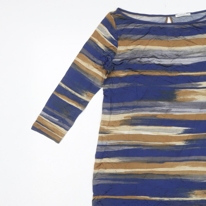 Marella Women Blue Striped Shift Dress M 3/4 Sleeve Keyhole