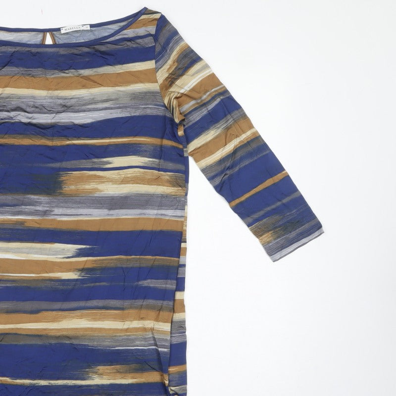 Marella Women Blue Striped Shift Dress M 3/4 Sleeve Keyhole