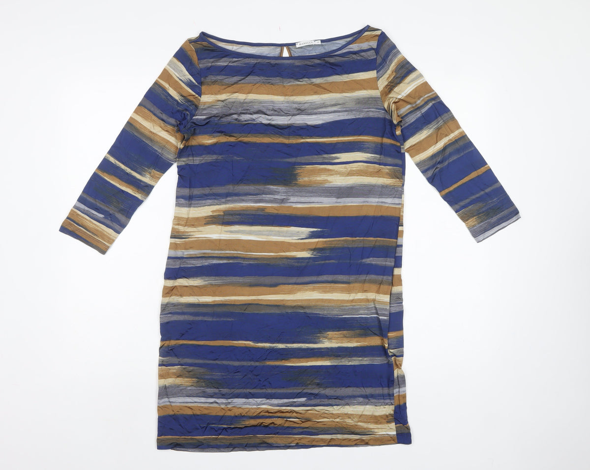 Marella Women Blue Striped Shift Dress M 3/4 Sleeve Keyhole