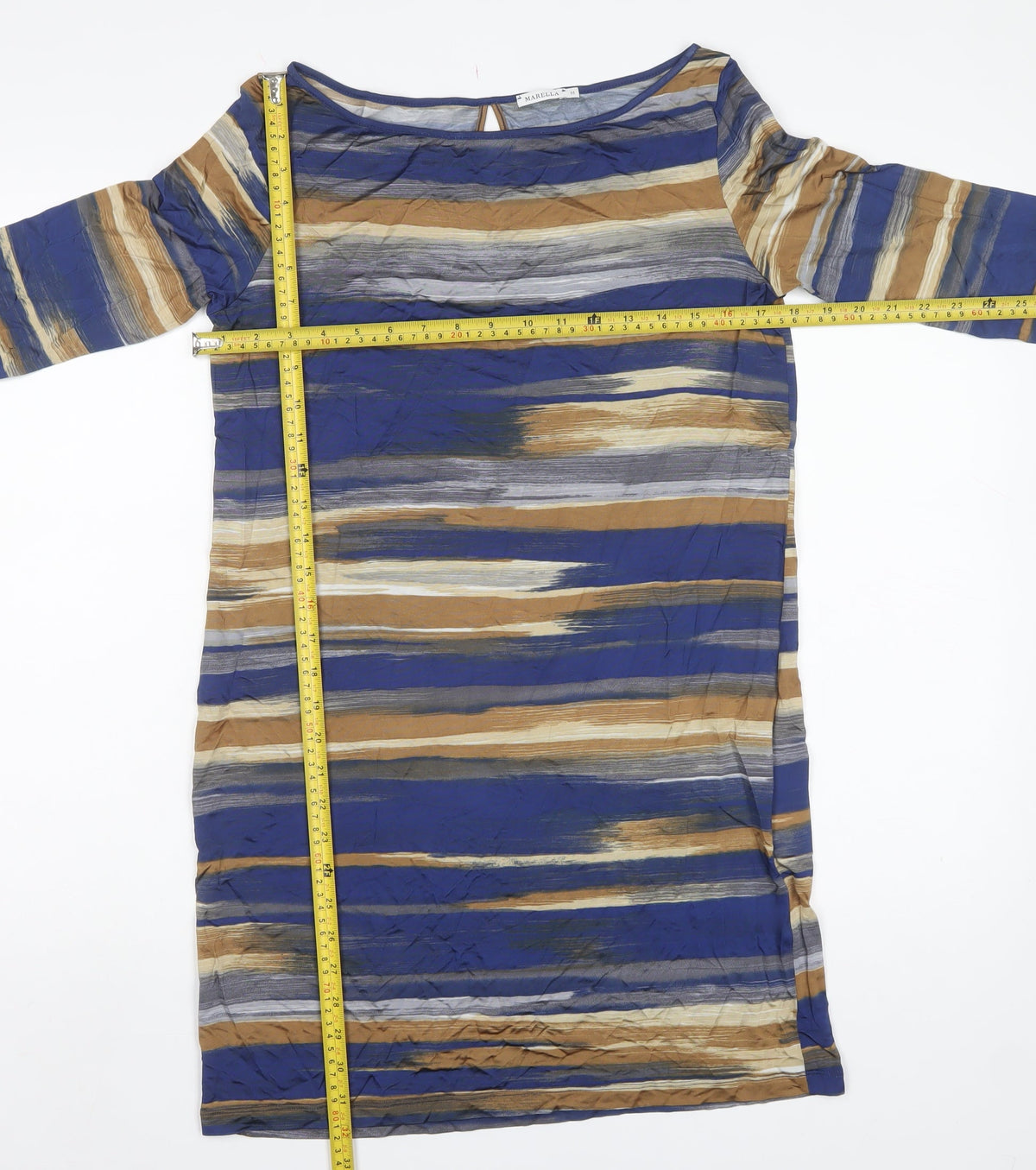Marella Women Blue Striped Shift Dress M 3/4 Sleeve Keyhole