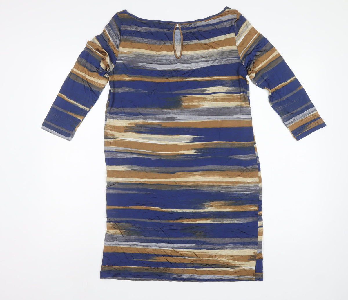 Marella Women Blue Striped Shift Dress M 3/4 Sleeve Keyhole