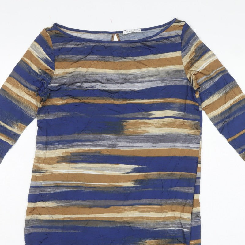 Marella Women Blue Striped Shift Dress M 3/4 Sleeve Keyhole
