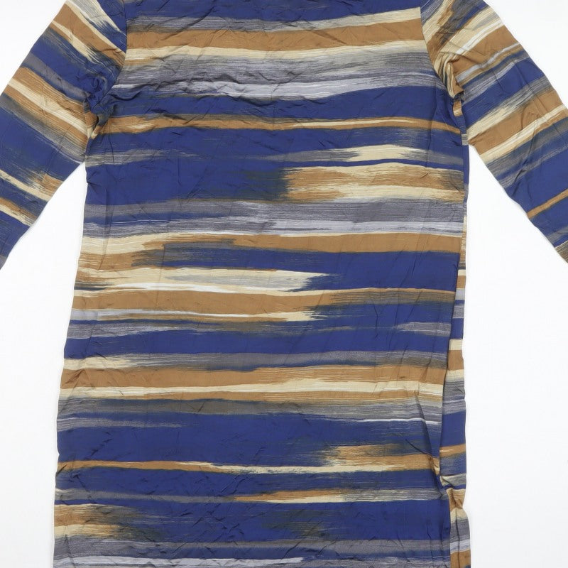 Marella Women Blue Striped Shift Dress M 3/4 Sleeve Keyhole