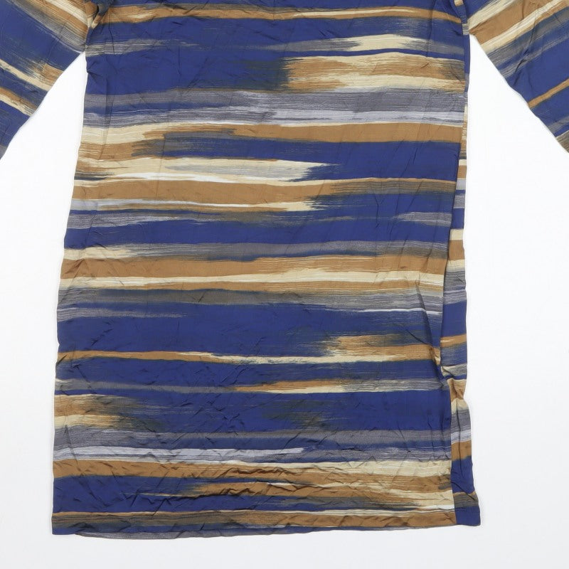 Marella Women Blue Striped Shift Dress M 3/4 Sleeve Keyhole