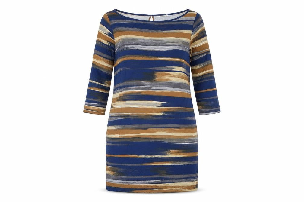 Marella Women Blue Striped Shift Dress M 3/4 Sleeve Keyhole