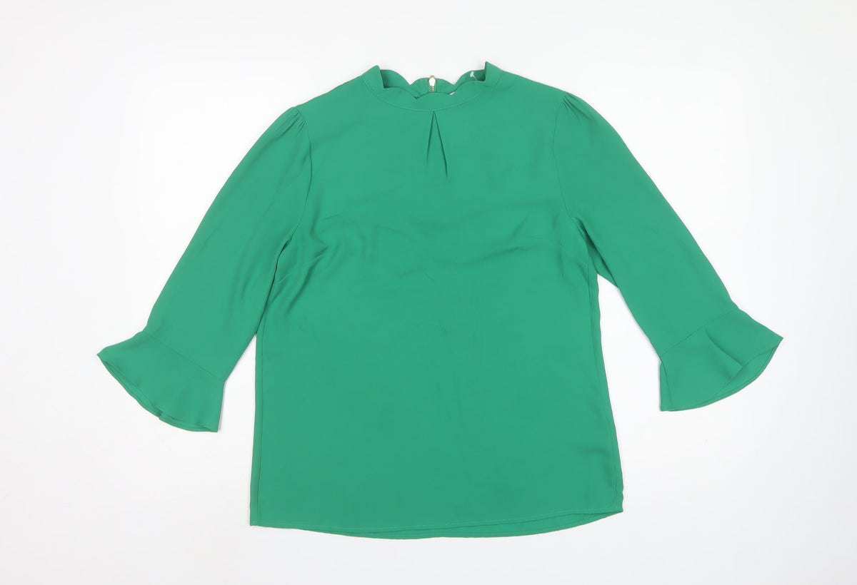 Oasis Women Green UK 10 High Neck Flared Sleeve Polyester Blouse