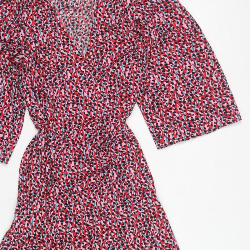 Topshop Women Pink Animal Print Midi Wrap Dress UK 8 Flared Sleeve