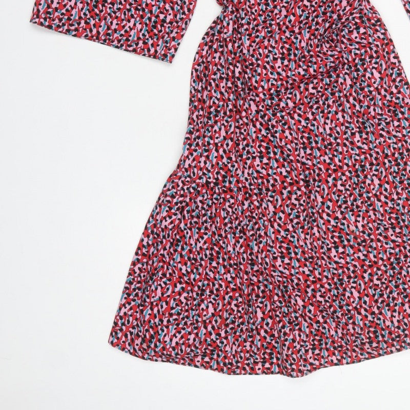 Topshop Women Pink Animal Print Midi Wrap Dress UK 8 Flared Sleeve