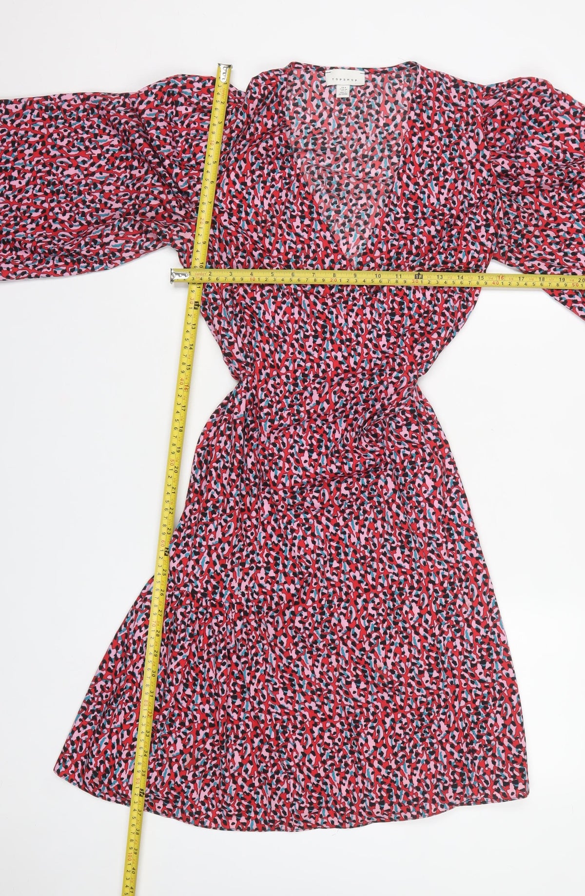 Topshop Women Pink Animal Print Midi Wrap Dress UK 8 Flared Sleeve