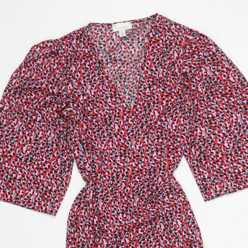 Topshop Women Pink Animal Print Midi Wrap Dress UK 8 Flared Sleeve