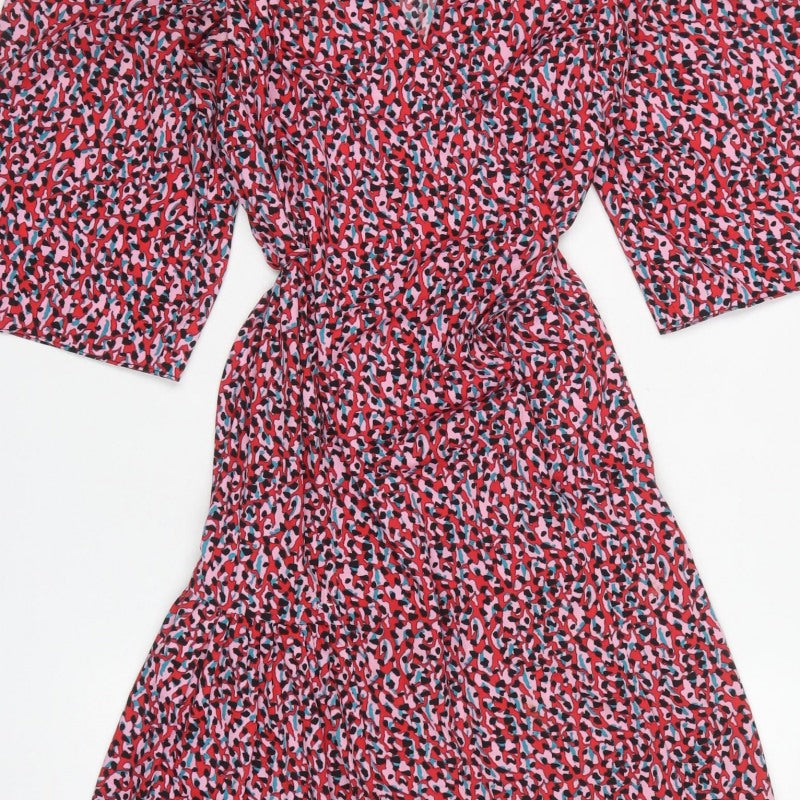 Topshop Women Pink Animal Print Midi Wrap Dress UK 8 Flared Sleeve