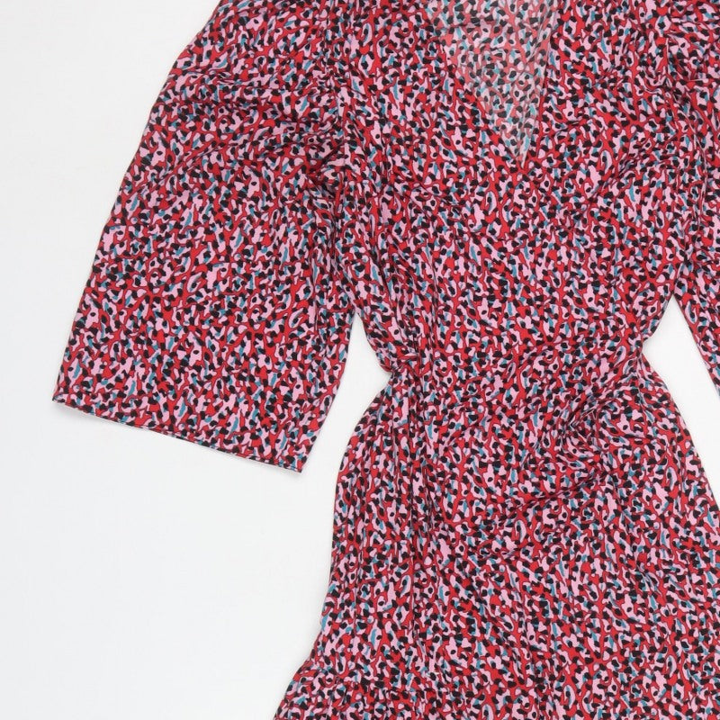 Topshop Women Pink Animal Print Midi Wrap Dress UK 8 Flared Sleeve