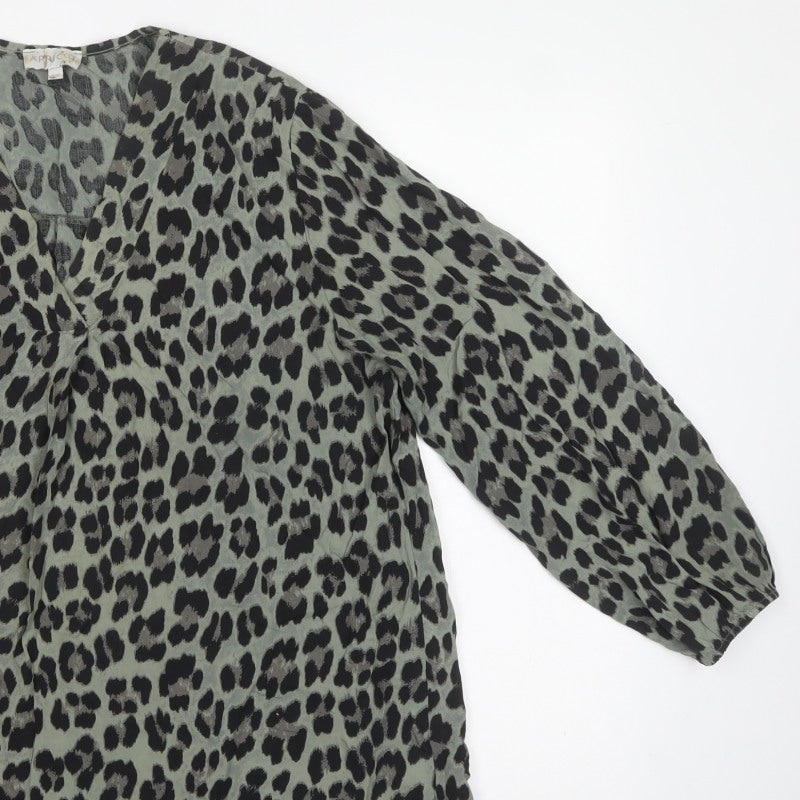 Apricot Women Green S Leopard Print V-Neck Long Sleeve Tunic Blouse