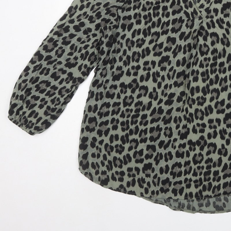 Apricot Women Green S Leopard Print V-Neck Long Sleeve Tunic Blouse