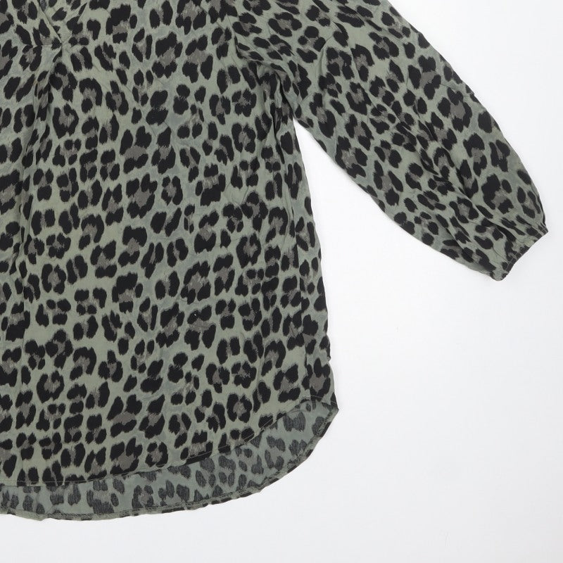 Apricot Women Green S Leopard Print V-Neck Long Sleeve Tunic Blouse