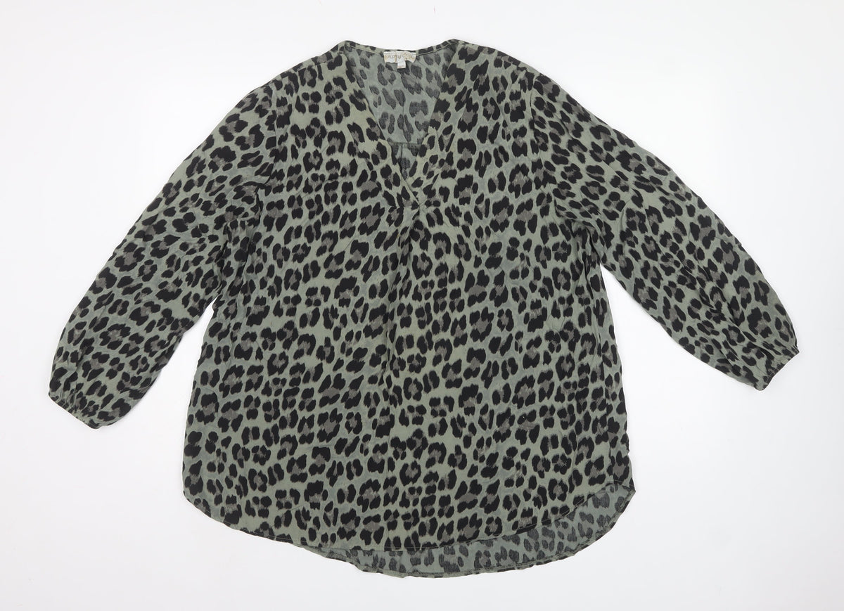 Apricot Women Green S Leopard Print V-Neck Long Sleeve Tunic Blouse