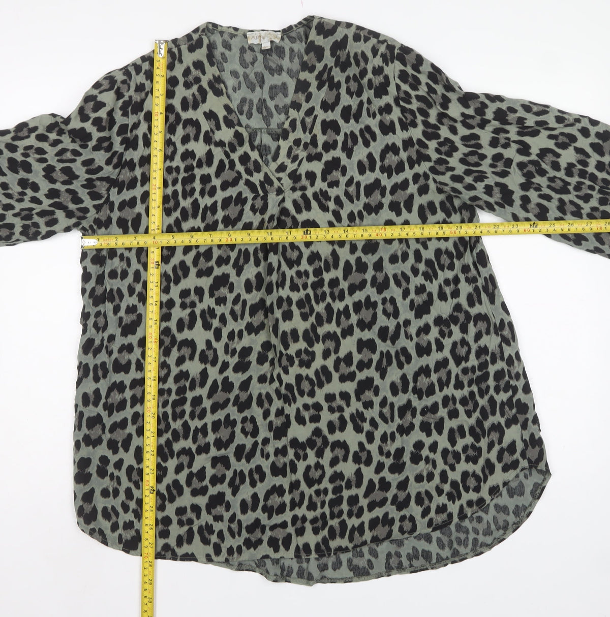 Apricot Women Green S Leopard Print V-Neck Long Sleeve Tunic Blouse