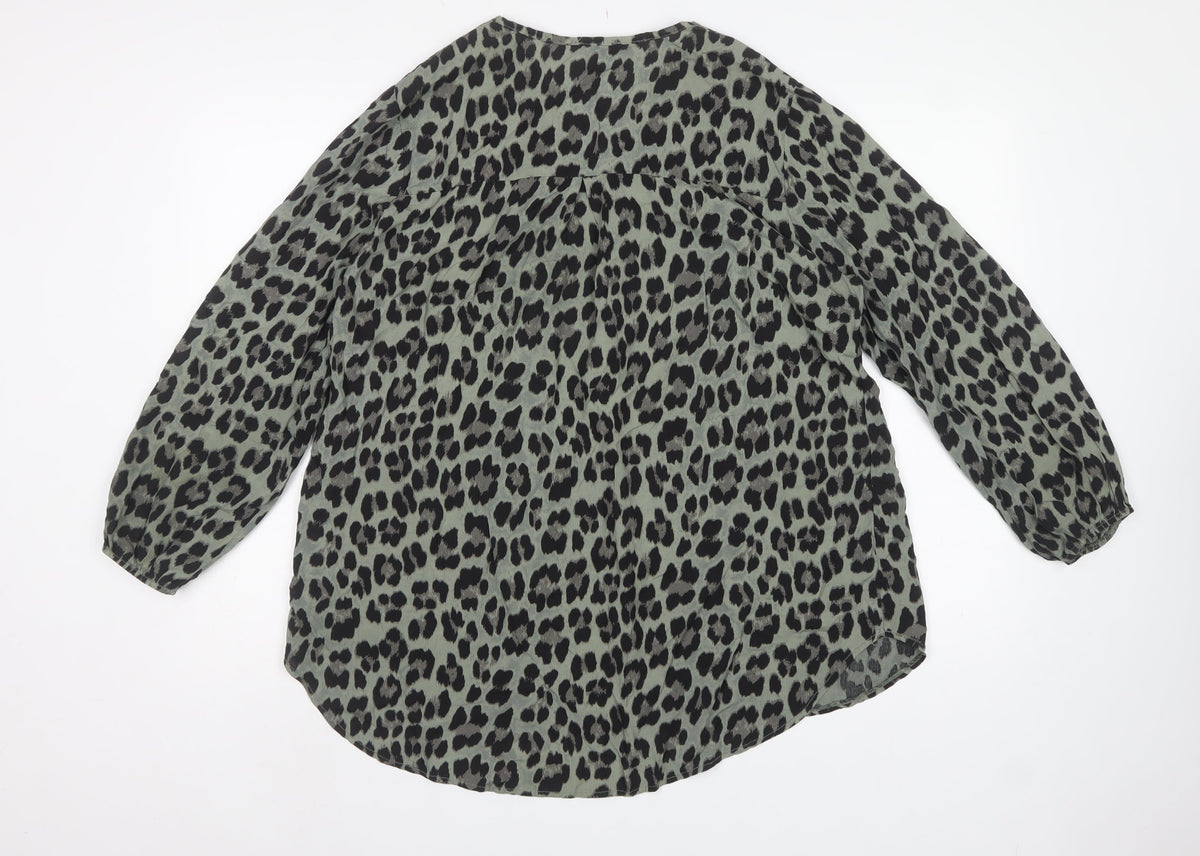 Apricot Women Green S Leopard Print V-Neck Long Sleeve Tunic Blouse