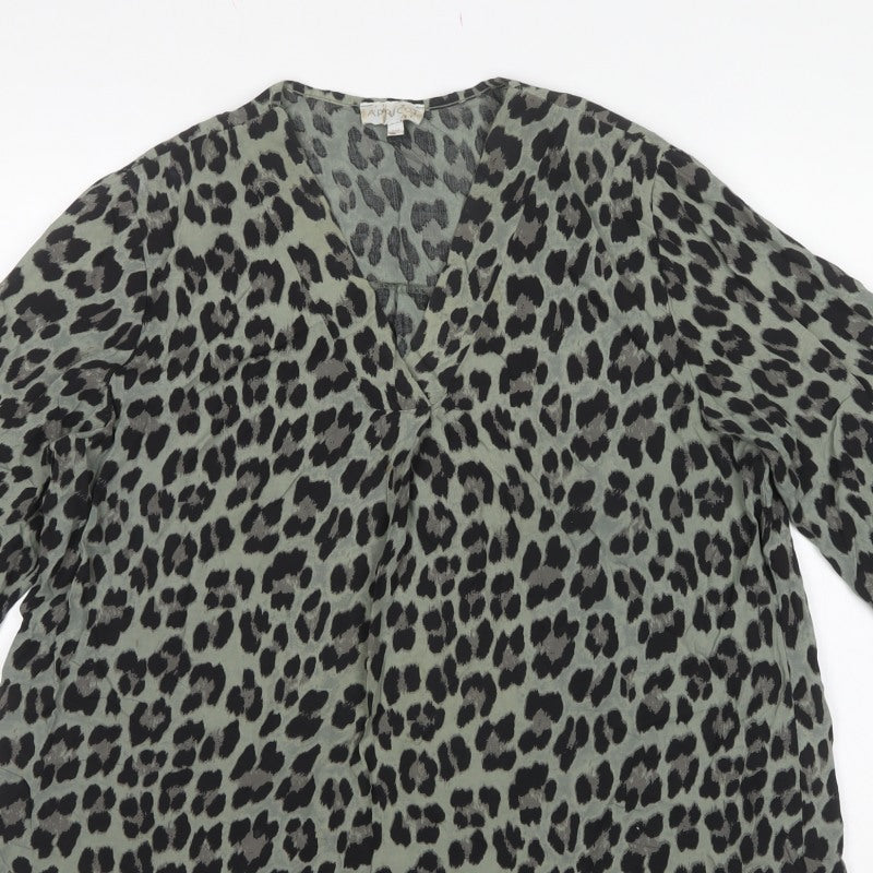 Apricot Women Green S Leopard Print V-Neck Long Sleeve Tunic Blouse