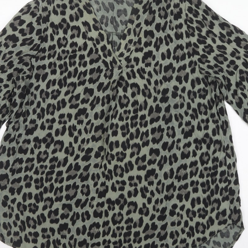 Apricot Women Green S Leopard Print V-Neck Long Sleeve Tunic Blouse