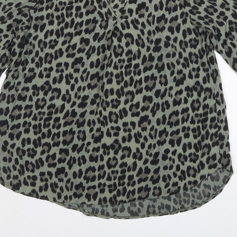 Apricot Women Green S Leopard Print V-Neck Long Sleeve Tunic Blouse