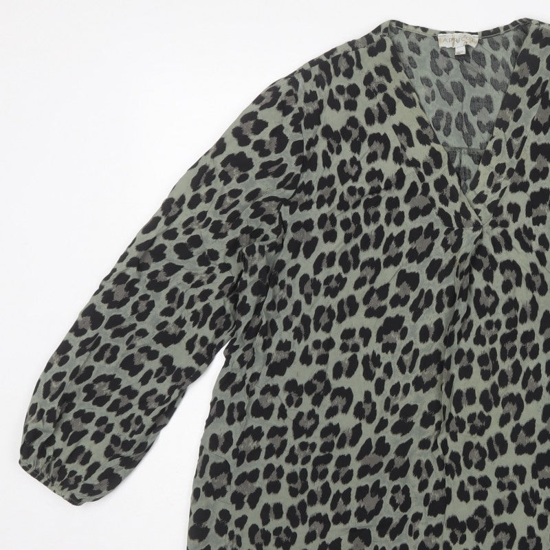 Apricot Women Green S Leopard Print V-Neck Long Sleeve Tunic Blouse