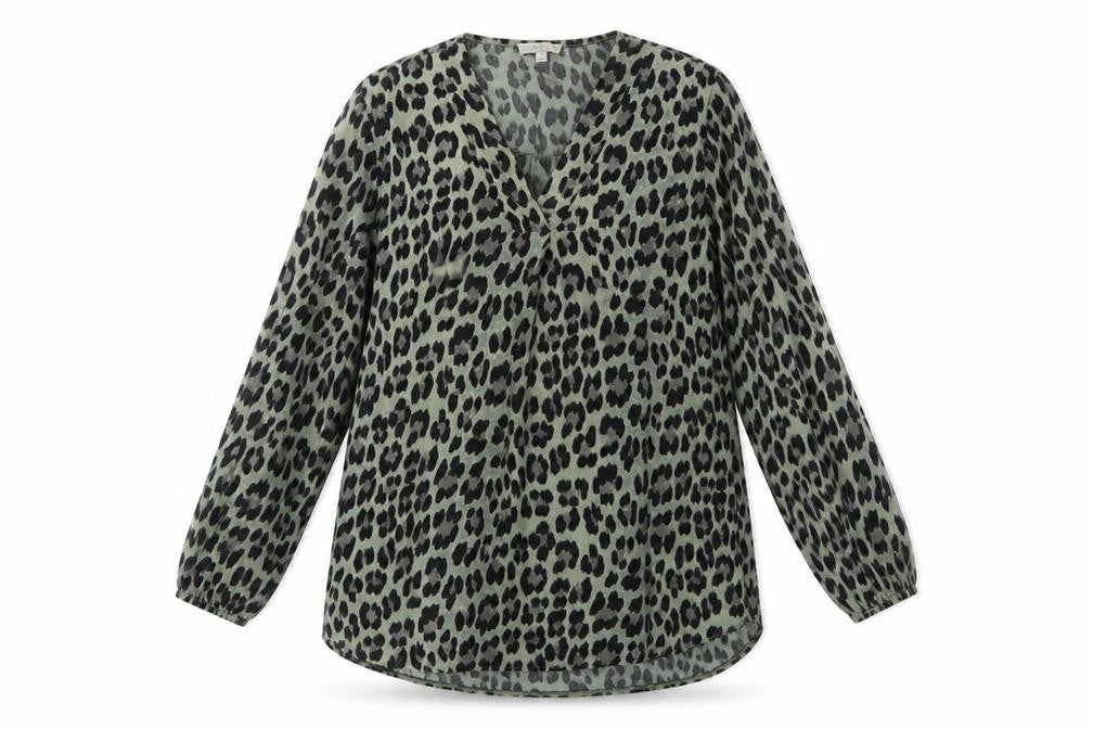 Apricot Women Green S Leopard Print V-Neck Long Sleeve Tunic Blouse