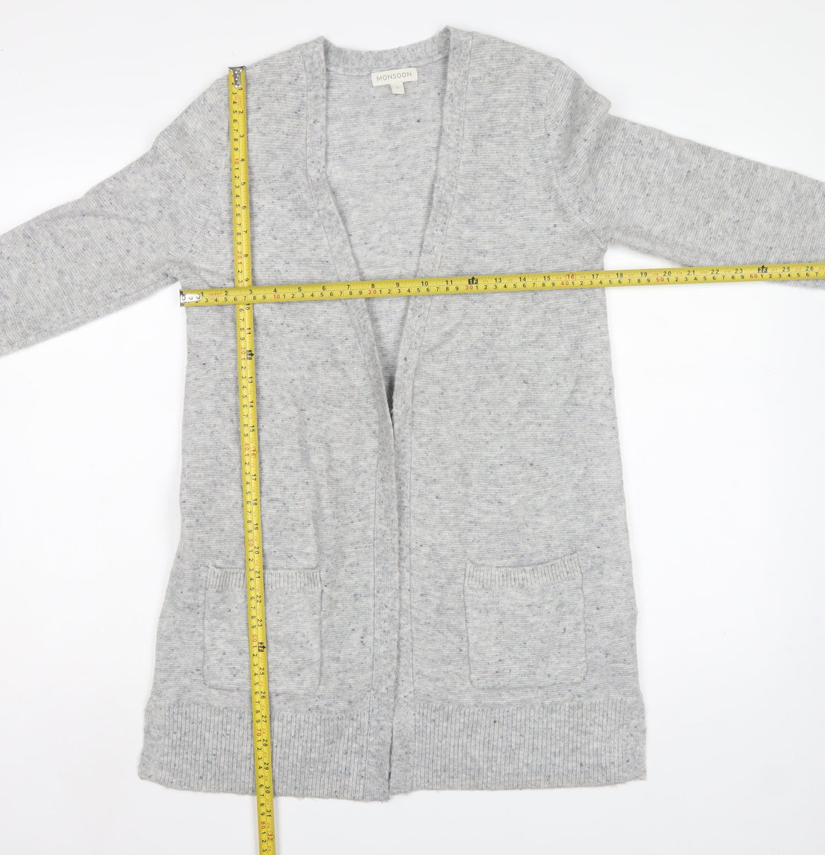 Monsoon Women Grey Size S Open Longline Knit Cardigan Pockets