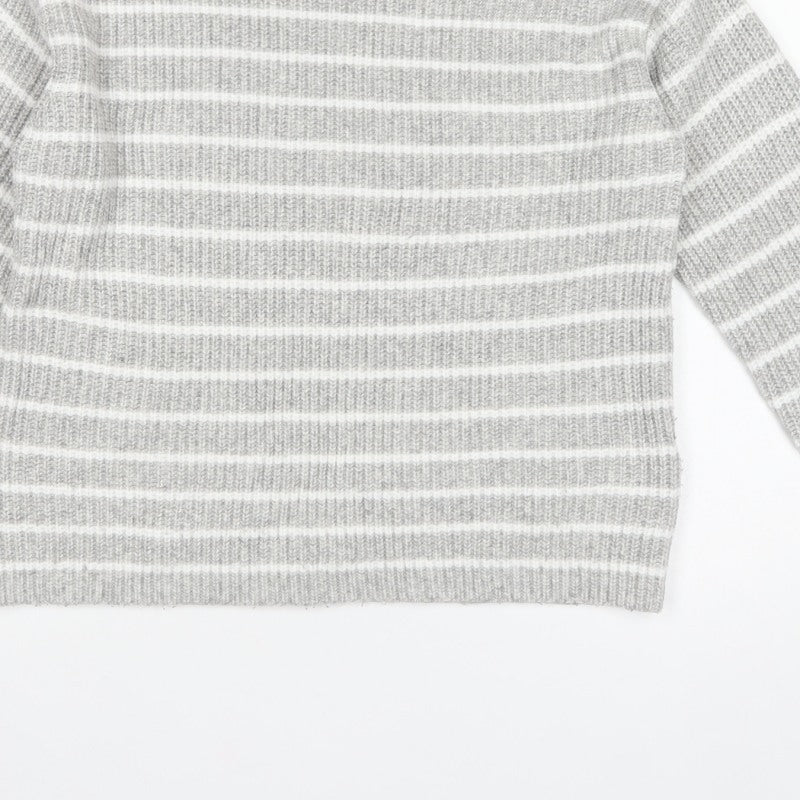 Marks and Spencer Women Grey White Striped Knit Crew Neck Jumper S