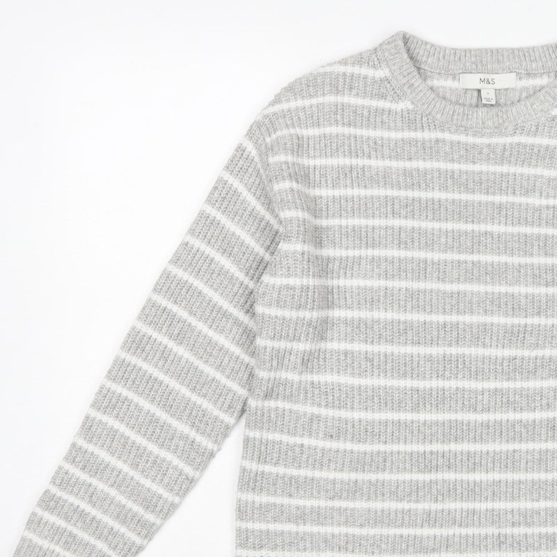 Marks and Spencer Women Grey White Striped Knit Crew Neck Jumper S