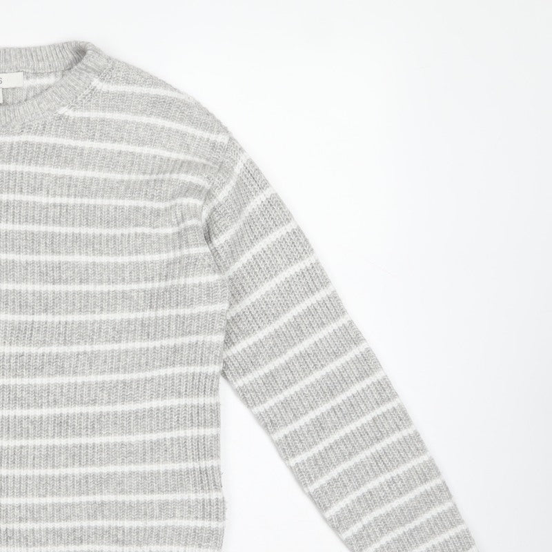 Marks and Spencer Women Grey White Striped Knit Crew Neck Jumper S