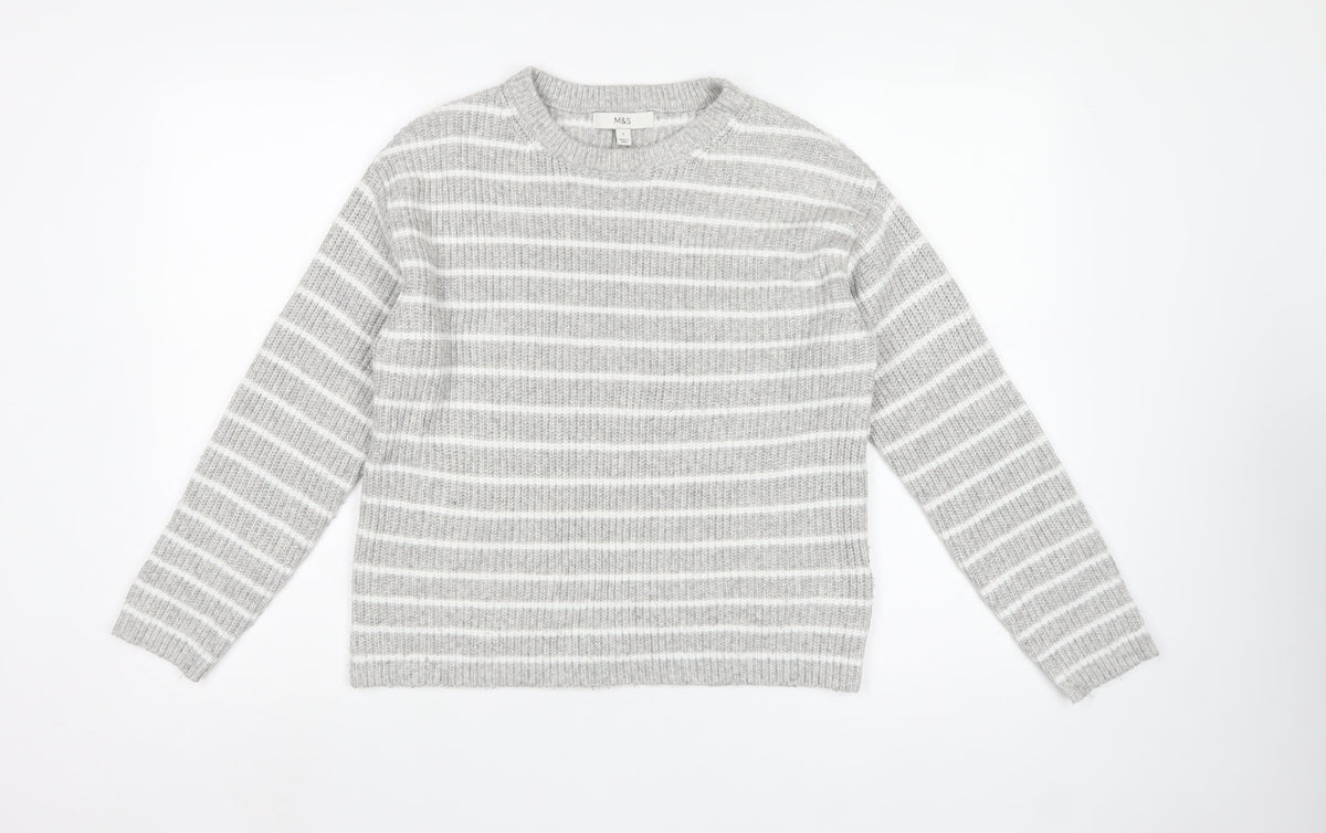 Marks and Spencer Women Grey White Striped Knit Crew Neck Jumper S