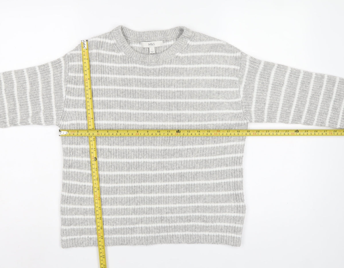 Marks and Spencer Women Grey White Striped Knit Crew Neck Jumper S