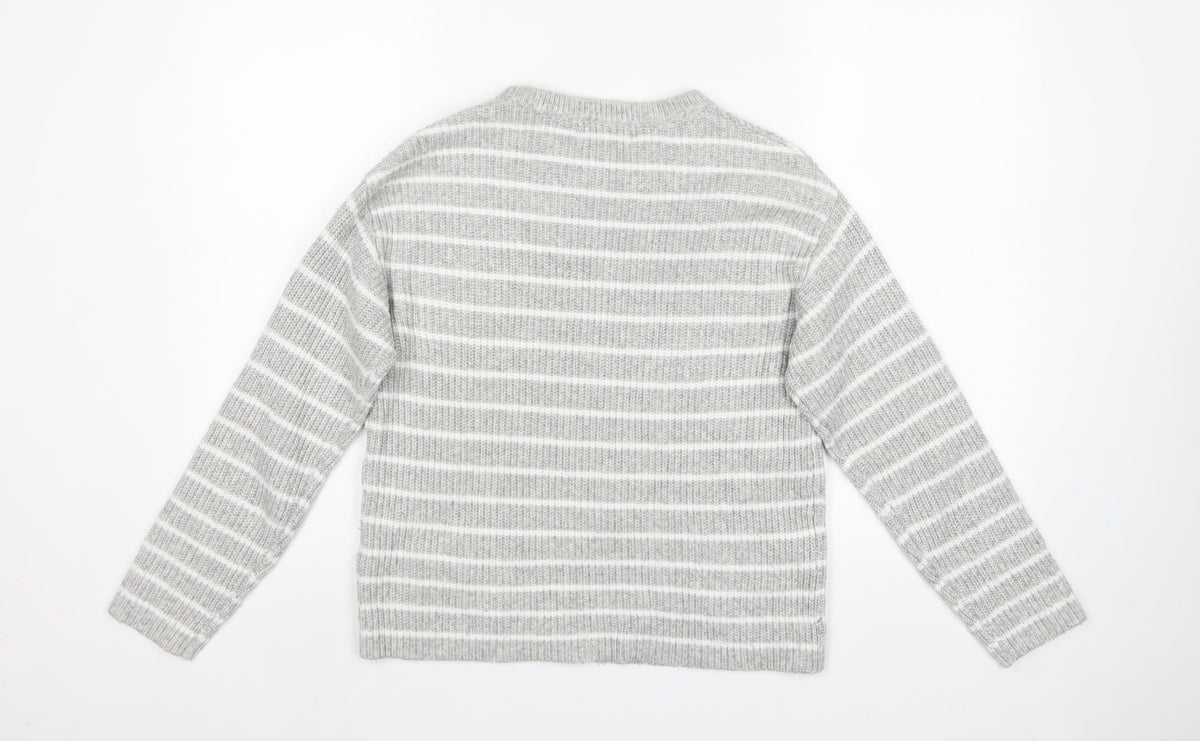 Marks and Spencer Women Grey White Striped Knit Crew Neck Jumper S