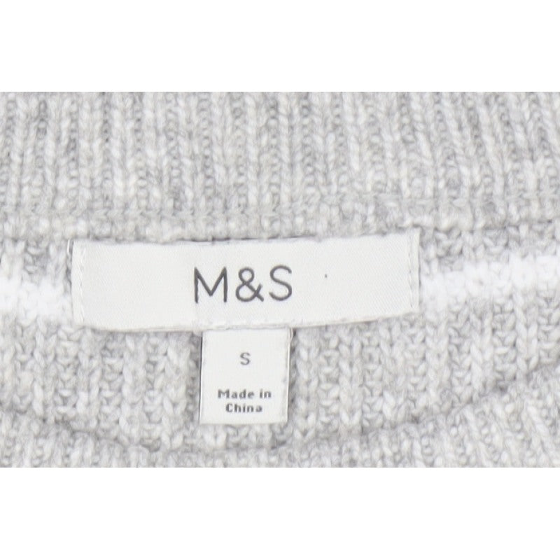 Marks and Spencer Women Grey White Striped Knit Crew Neck Jumper S