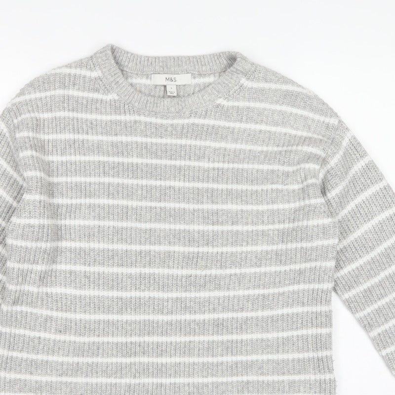 Marks and Spencer Women Grey White Striped Knit Crew Neck Jumper S