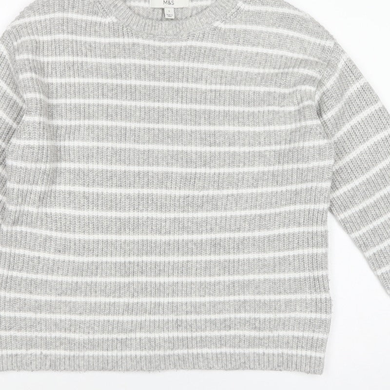 Marks and Spencer Women Grey White Striped Knit Crew Neck Jumper S