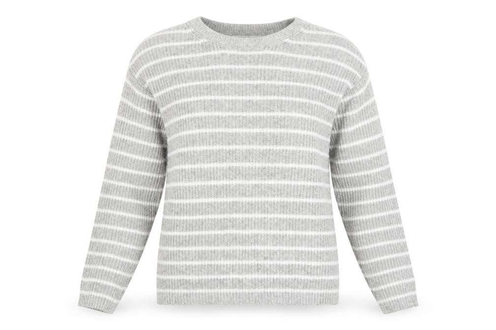 Marks and Spencer Women Grey White Striped Knit Crew Neck Jumper S