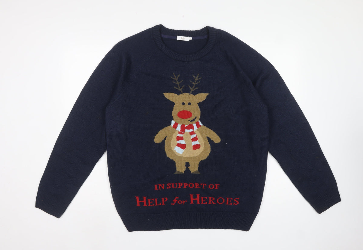 Cotton Traders Men’s Blue L Christmas Reindeer Help for Heroes Jumper