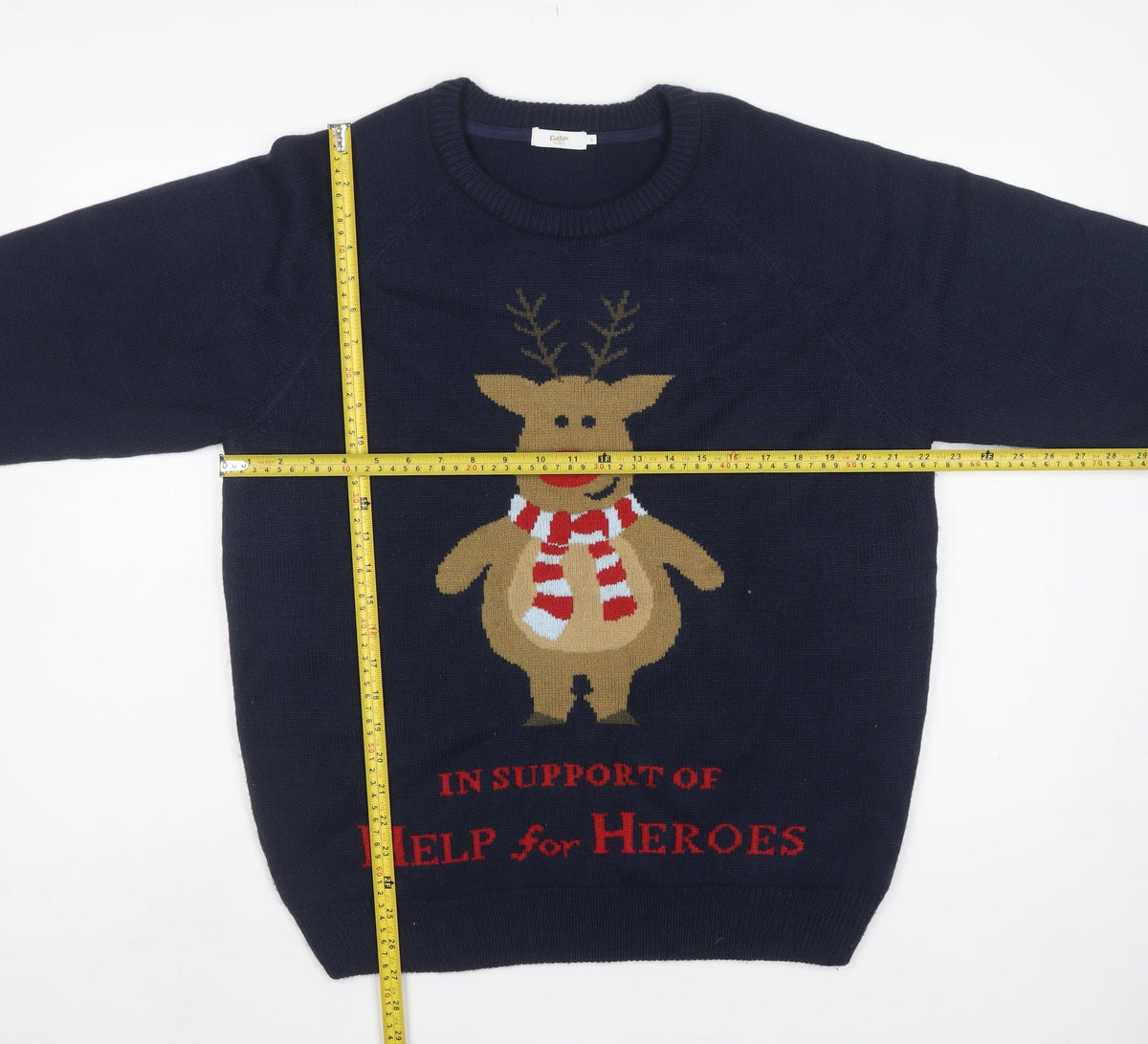 Cotton Traders Men’s Blue L Christmas Reindeer Help for Heroes Jumper