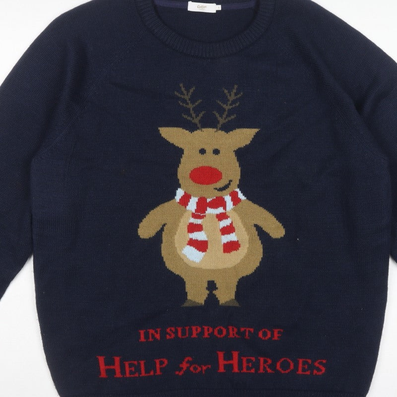 Cotton Traders Men’s Blue L Christmas Reindeer Help for Heroes Jumper