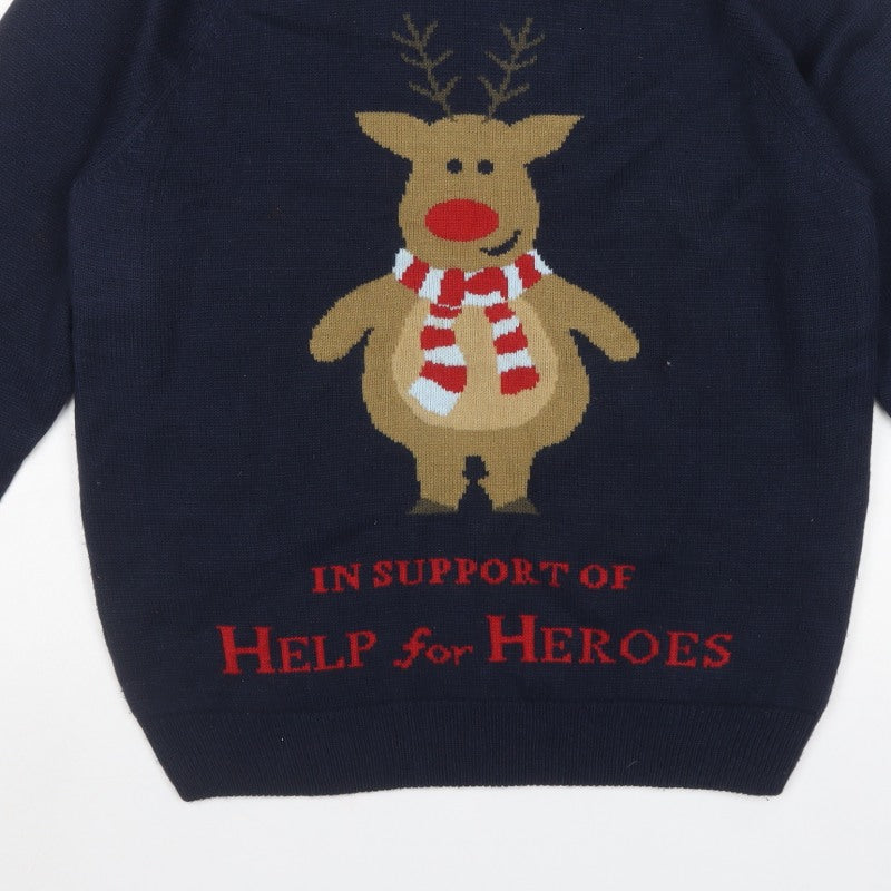 Cotton Traders Men’s Blue L Christmas Reindeer Help for Heroes Jumper