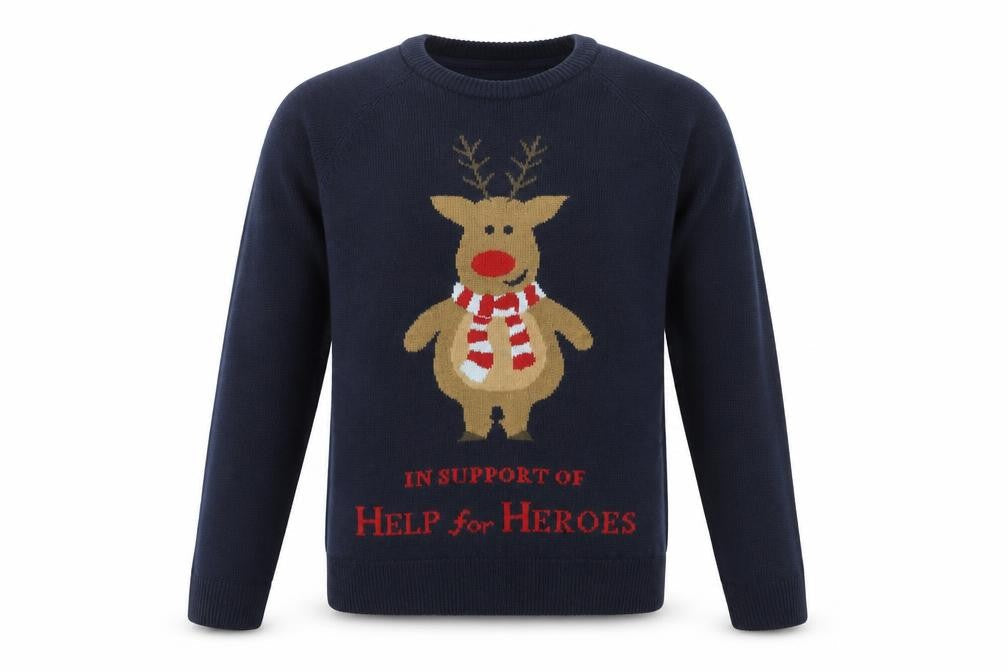 Cotton Traders Men’s Blue L Christmas Reindeer Help for Heroes Jumper